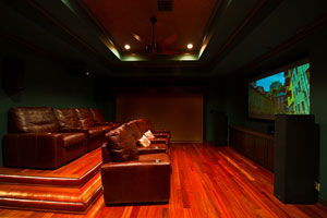 Home theater: movie theater room in residential home. Surround sound system like the movies.